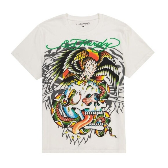 Ed Hardy NWT Mens T-shirt XL White Tattoo Eagle Skull Snake Graphic Tee Y2K - Picture 1 of 8